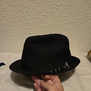 Black Granule Fedora Hat with Silver Accents Skull Sz L/Xl